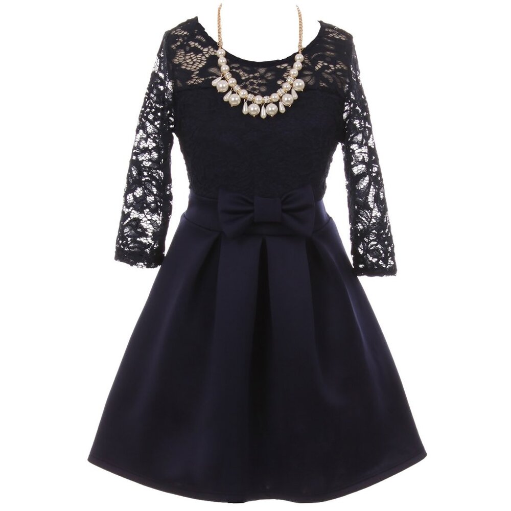 Big Girls Lace Necklace Easter Graduation Party Casual Flower Dress Navy New